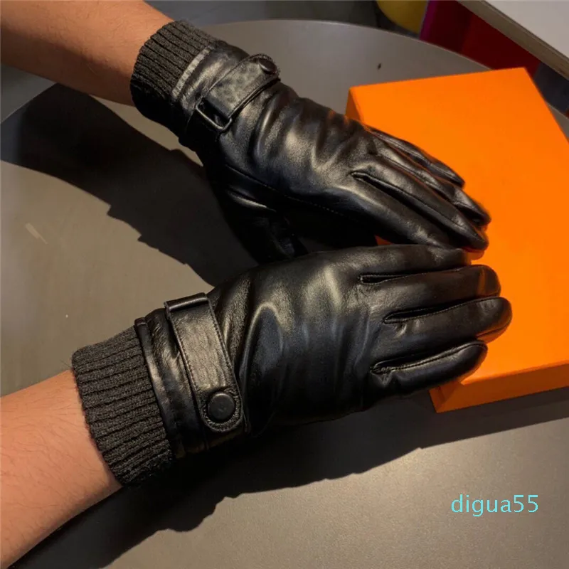 designer Winter Leather Gloves Letter Sheepskin Men Mittens Plus Velvet Warm Mittens Touch Screen Gloves Outdoor Cycling Driving G266E