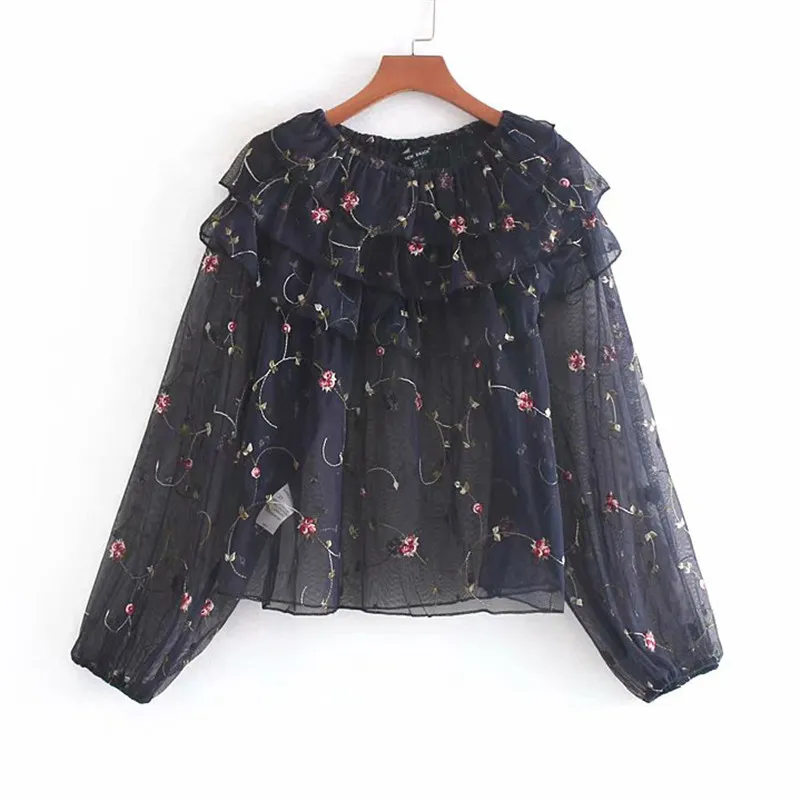 Automne doux broderie florale volants hauts femmes Blouses à manches longues voir à travers Sexy chemises Blusas Mujer 6 couleur 210430