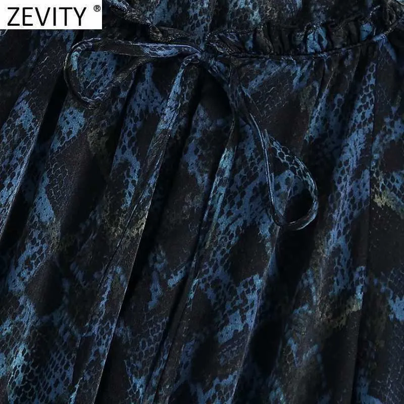 Zevenity Dames Vintage Leopard Print Sashes Midi Jurk Femme Lange Mouwen Plooien Ruches Casual A Line Vestido Chic Cloth D4857 210603