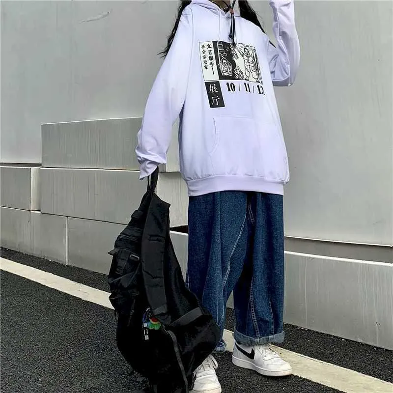 hoodies kvinnor sweatshirt tecknad anime print hooded löst långärmad tröja jacka tunn student hongkong stil 210526