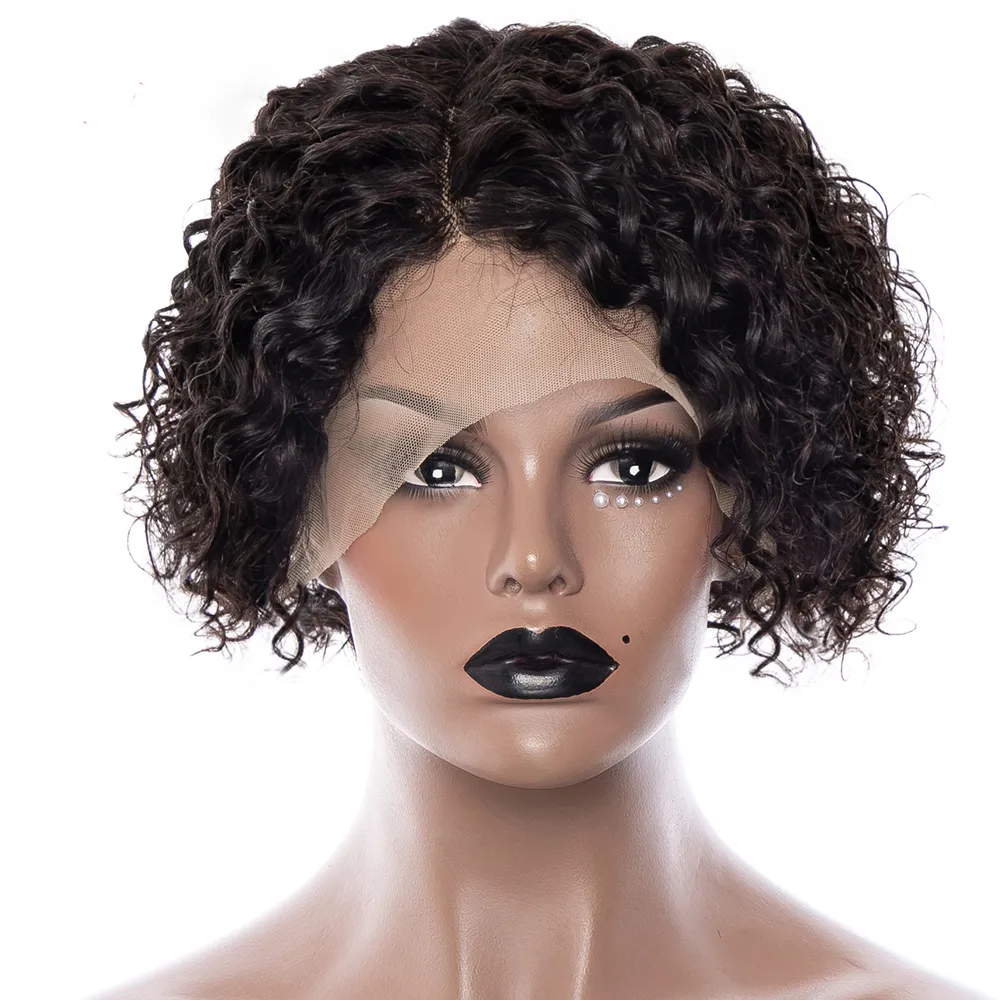 13x4x1 Dantel Ön Pixie Kesim Peruk Brezilyalı Su Dalga İnsan Saç Siyah Kadınlar için Kısa Kıvırcık Bob Pretted