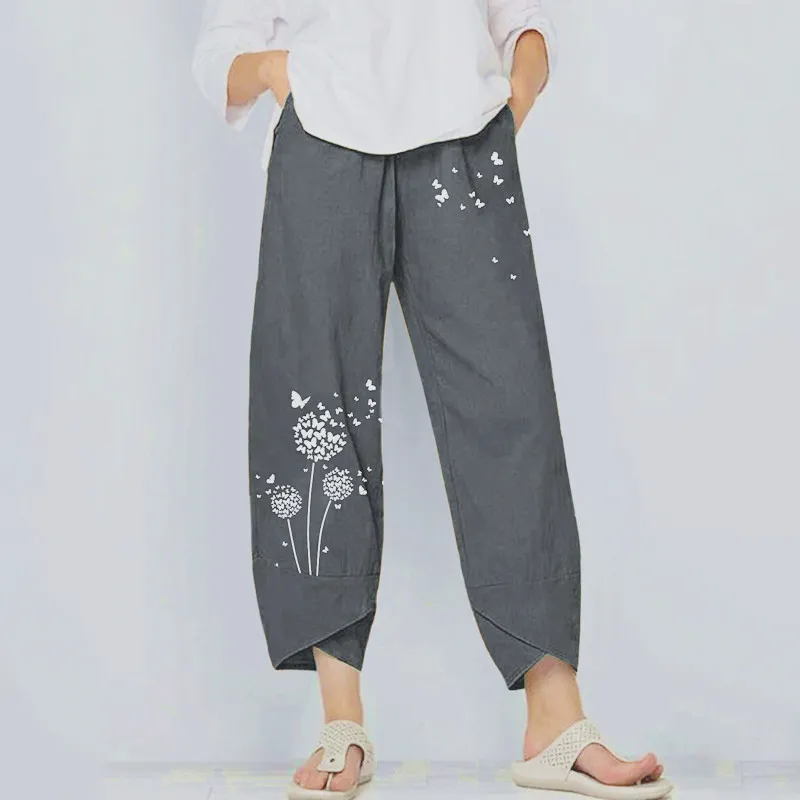 Pantaloni lunghi estivi Pantaloni larghi larghi stampati a gamba larga Pantaloni da donna Pantaloni oversize con tarassaco da donna 210517