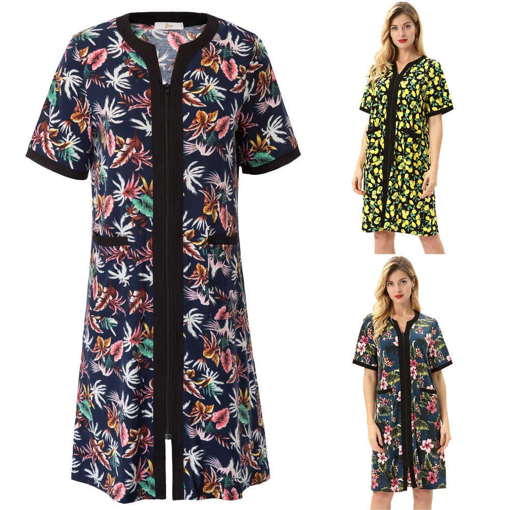 Summer Women Robes Clothes Zip-up Lounge Wear Sleep Dress Nightgown With Pocket Floral Pattern Loose Knee Length Home Nightdress 210924