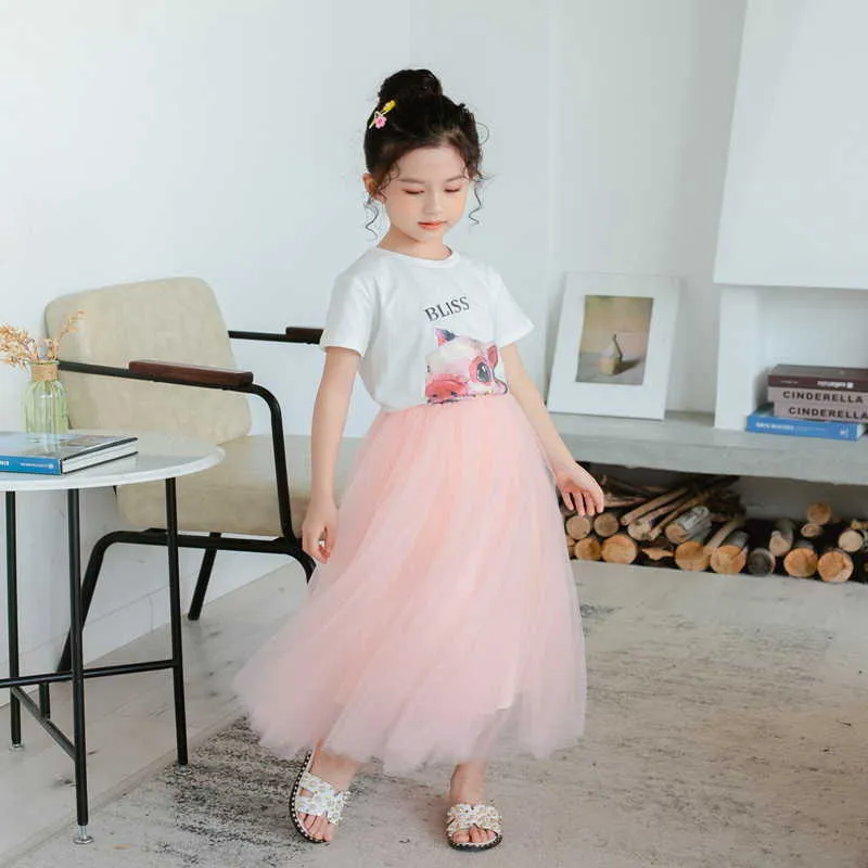 Summer Teenagers Girls 2-pcs Sets White Cartoon Pig T-Shirts Puff Blouses Mesh Long Skirt Kids Cute Style Clothes E1001 210610