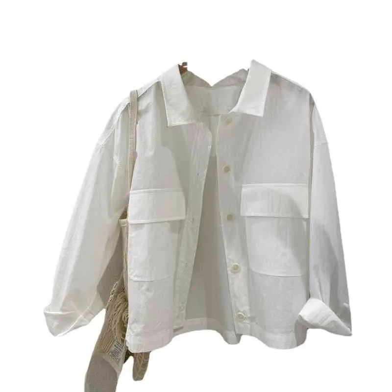 Simple Solid Pockets Dames Button Shirts White Blouses Spring Mode All Match Blusas Mujer Lange Mouw Womens Tops 210514