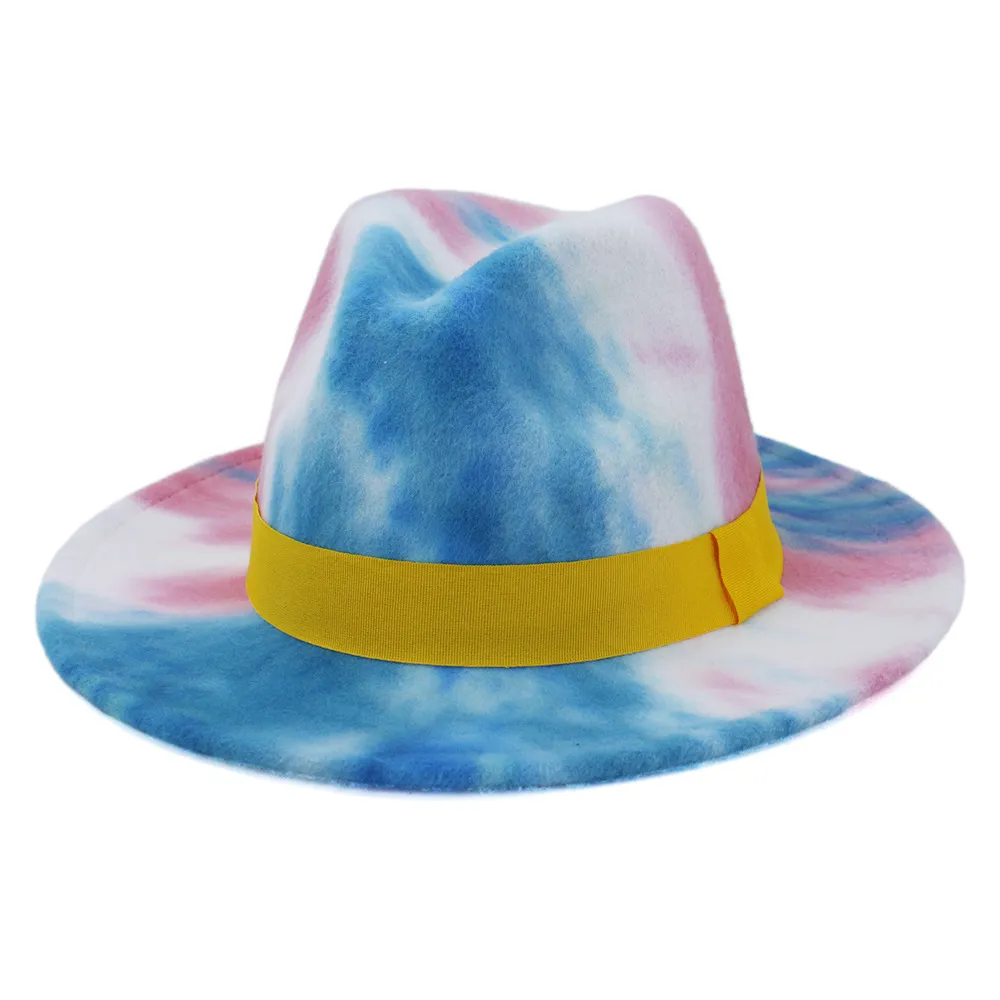 Mode plat bord Jazz feutre chapeau nouveauté à la mode dame coloré cravate colorant Panama fausse laine Fedora chapeau casquette avec bande jaune 2628