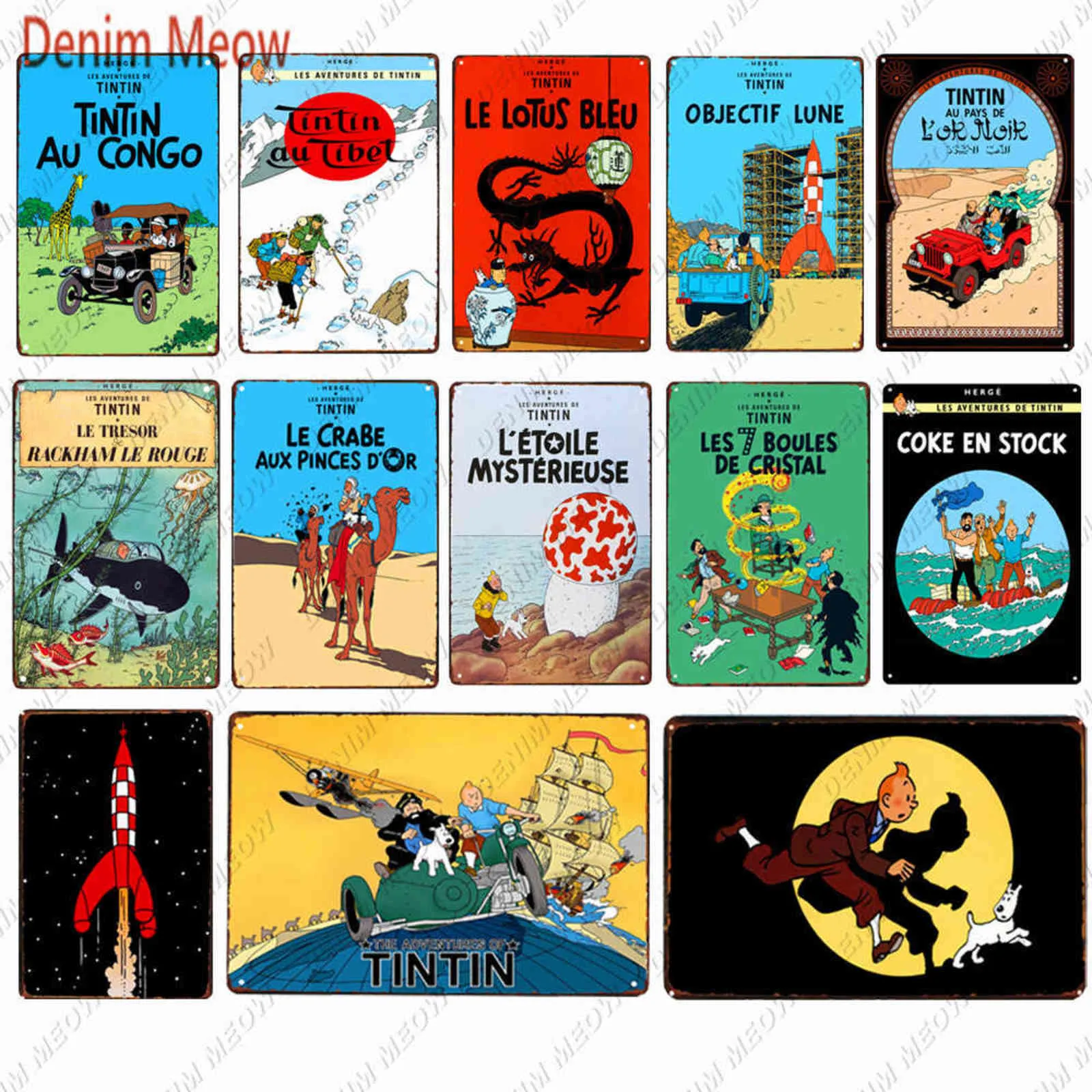 Tintin Catoon Movie Targa in metallo Targa in metallo Vintage Wall Art Poster Pittura in ferro Bar Caffè Camera dei bambini Wall Craft Home Decor WY66 H1110