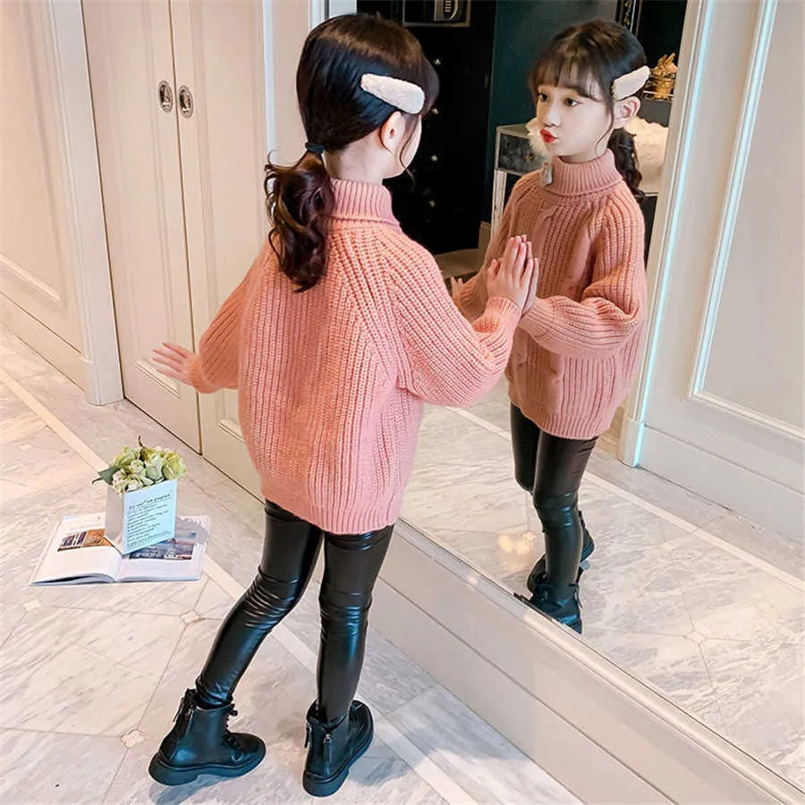 2021 New Autumn Winter Toddler Girls Solid Thick Knitted Sweater Long Sleeve Turtleneck Casual Pullovers Children Warm Cloth Y1024