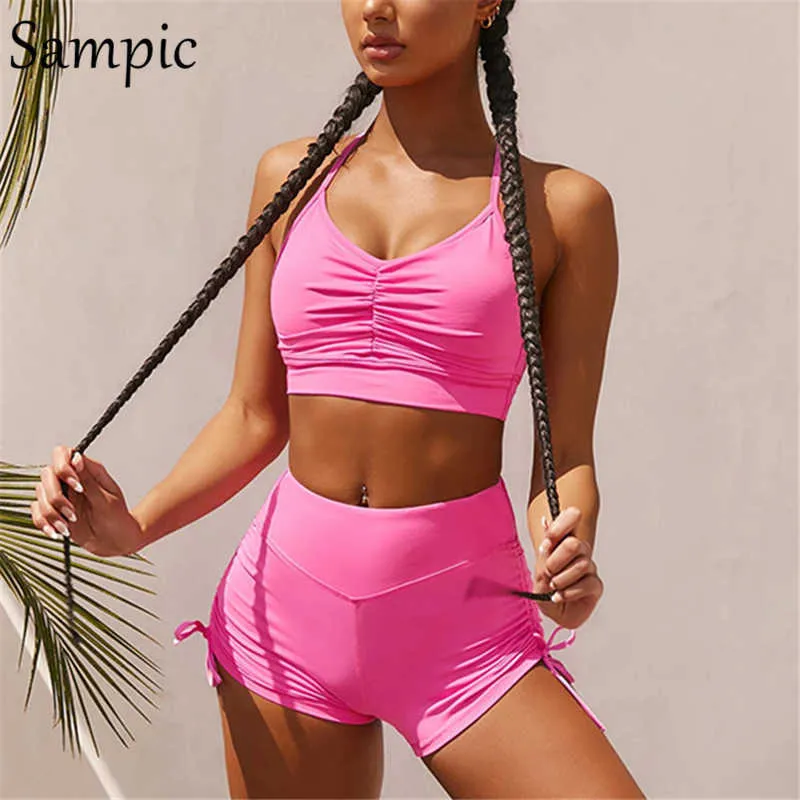 Sampic Outfits Femme Kleidung Weiß Sport Skinny Trainingsanzug Sommer Frauen Casual Sexy Crop Tops und Biker Shorts Zwei Stück Set Y0702