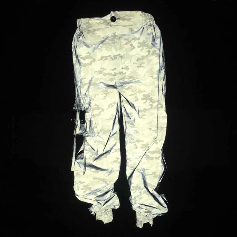 Printemps Réfléchissant Pantalon Mesh Patchwork Fermeture Éclair Latérale Respirant Camouflage faisceau Pantalon 210531