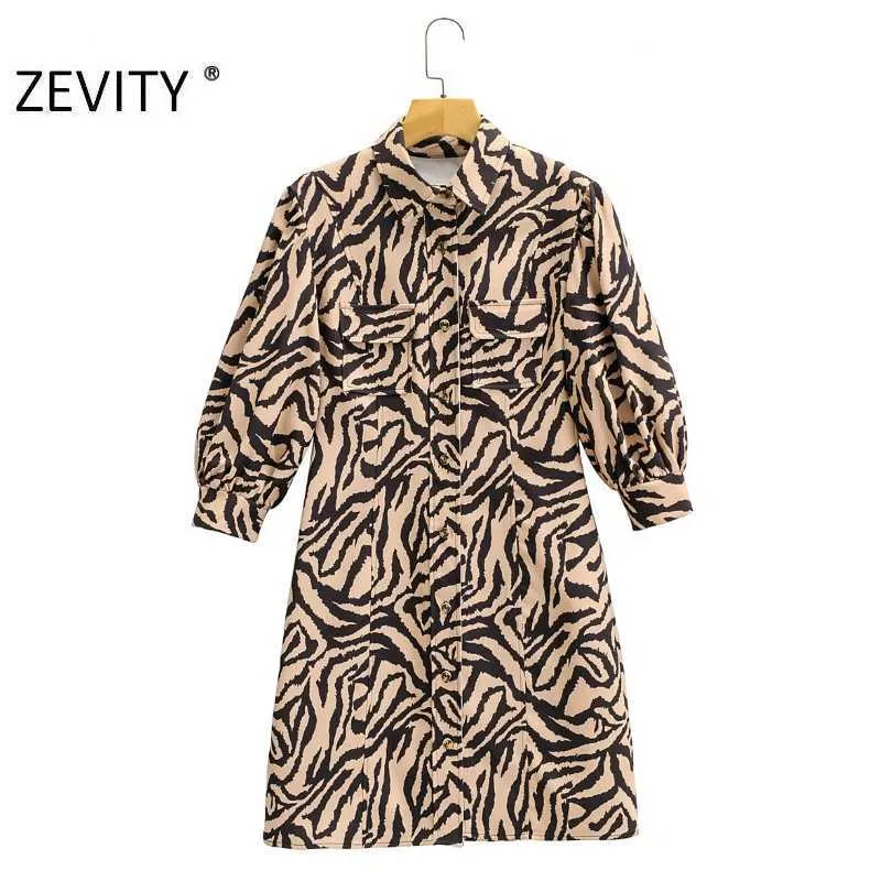 Zevity Women Vintage Animal Pattern Print Kort skjorta Klänning Kontor Lady Pojketter Patch Lantern Sleeve Vestido Chic Dresses DS4354 210603