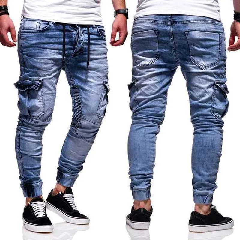 Jeans för män denim byxa med fickor moto biker jeans smal passform spets upp elastiska midja jeans casual streetwear byxor x0621