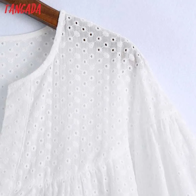 Tangada Frauen Übergroße Stickerei Romantische Baumwolle Bluse Shirt Kurzarm Chic Weibliche Hemd Tops 6Z99 210609