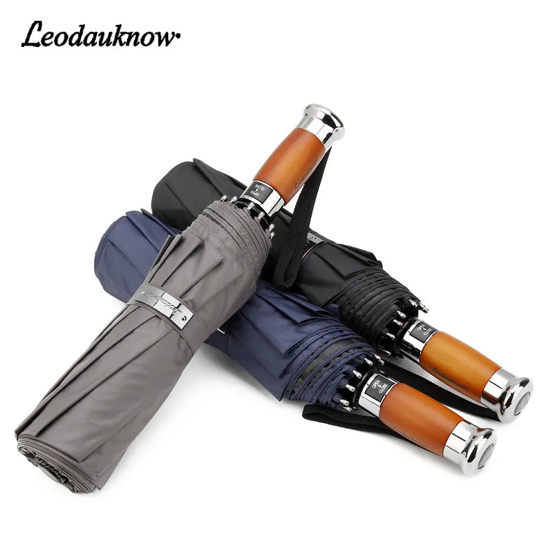 LEODAUKNOW Business three folding fully automatic black glue Uv proof windproof luxury car men s sunny and rainy umbrella 210320