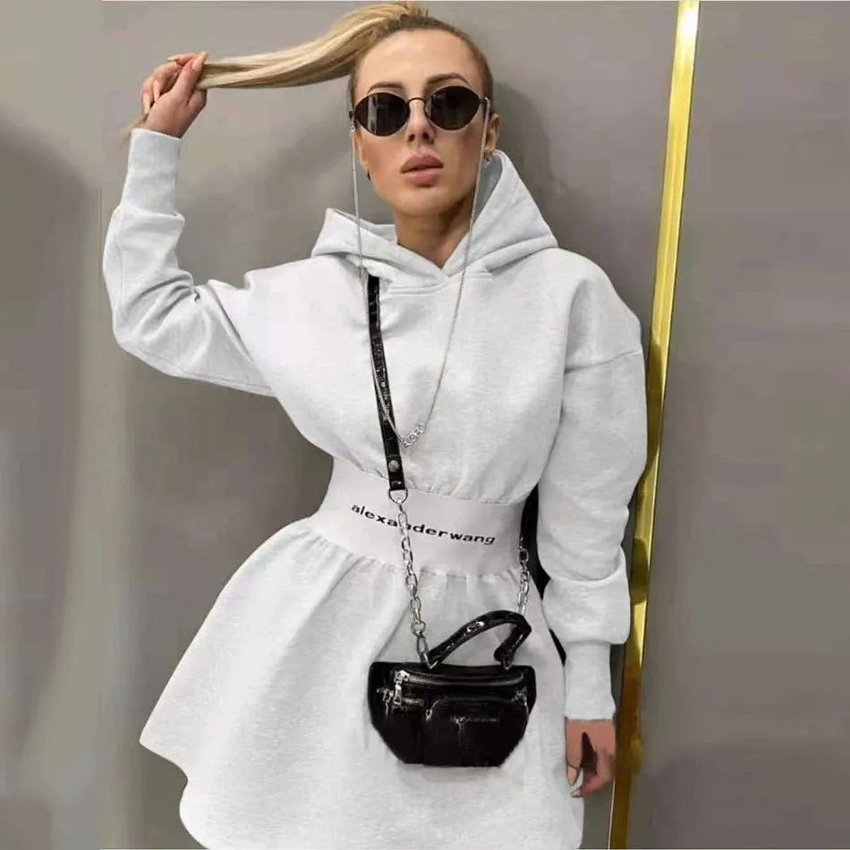 Free Fashion Women's Letter Hooded Dress Spring Long Sleeve Waist A-line Casual Sports Sweatshirt 210524