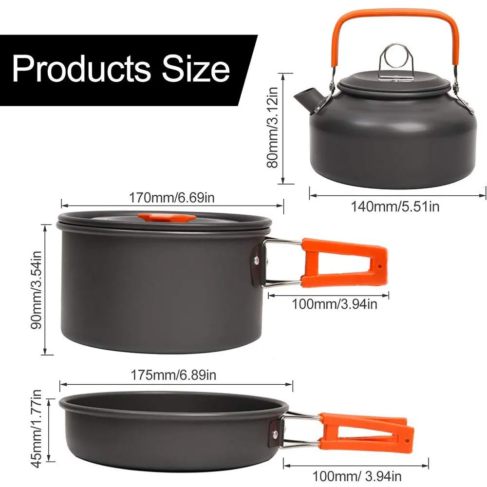 Camping Cookware Kit Outdoor Aluminum Cooking Set Water Kettle Pan Pot Travelling Hiking Picnic BBQ Tableware Equipment FT136