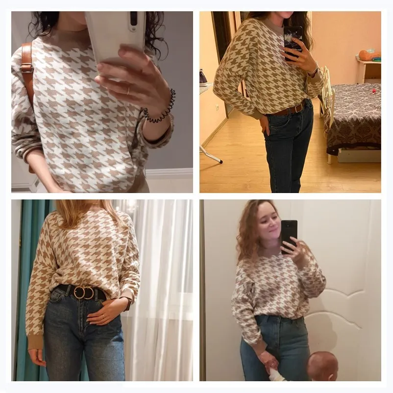 Geometrisk stickad tröja Kvinnor Casual Houndstooth Pullovers Sweater Kvinna Höst Vinter Loose Retro Jumpers Toppar Kläder 210521