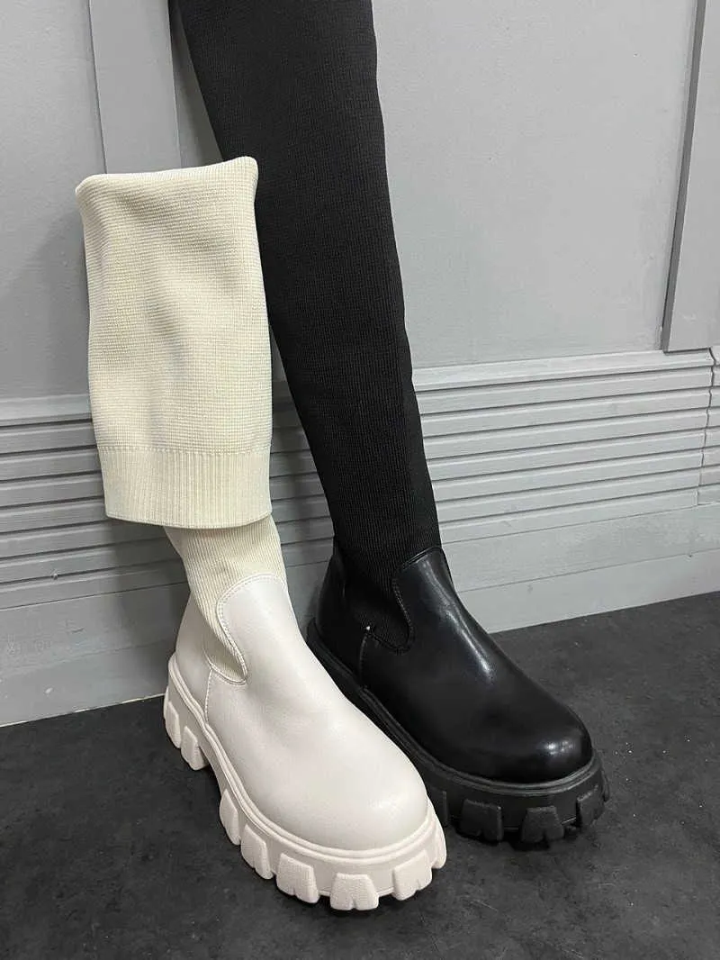 Women Long Boots Stretch Knitting Sock Shoes Autumn Ladies Over The Knee Boots Thick Heels Zipper Platform Female High Boots New Y1018