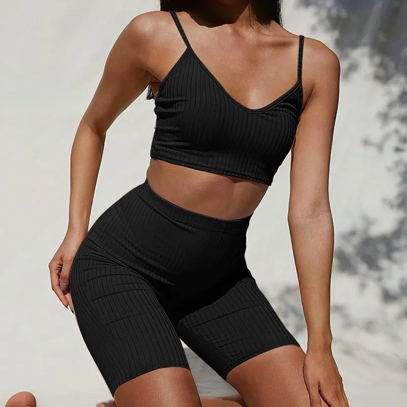 Femmes côtelées deux pièces ensemble slim survêtement costume blanc débardeurs col en v crop top + leggings shorts tenues de sport décontractées été 210517