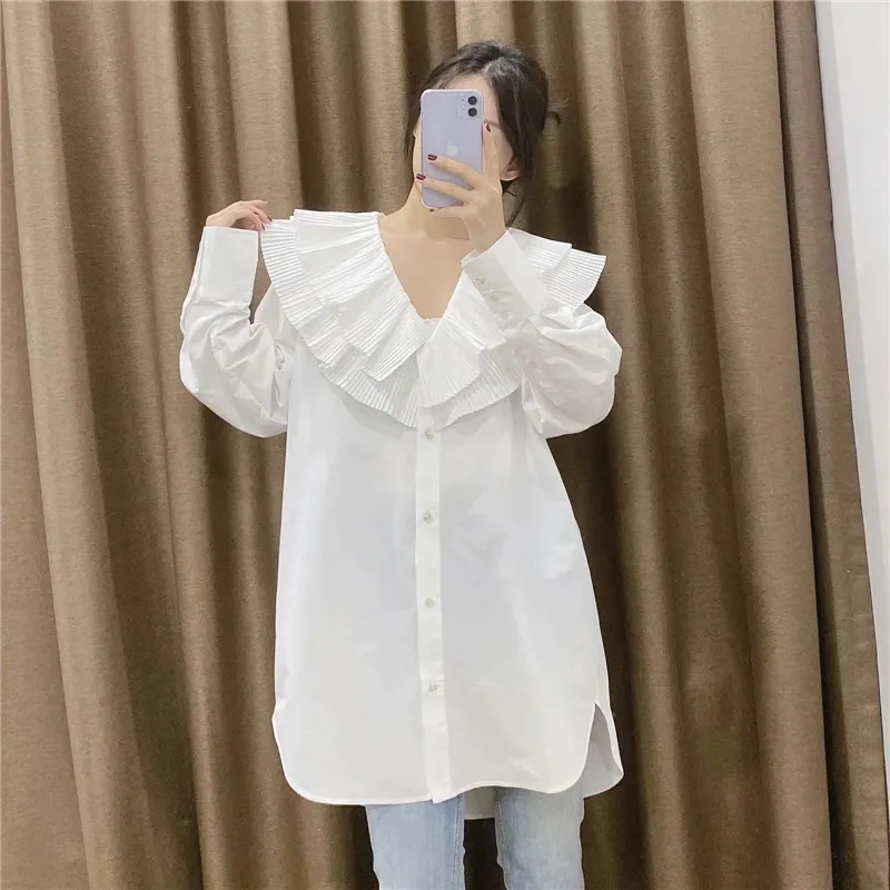 Rüschen Weiß Oversize Lange Shirt Frauen Frühling Plus Größe Hülse Top Weibliche Mode Casual Button Up 210519