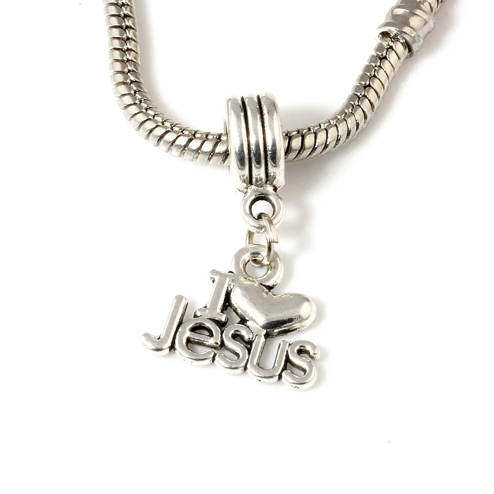 MIC / Dangle Argent ancien J'aime Jésus Charme religieux Perles à gros trous Fit Bracelet à breloques européen Bijoux 22749