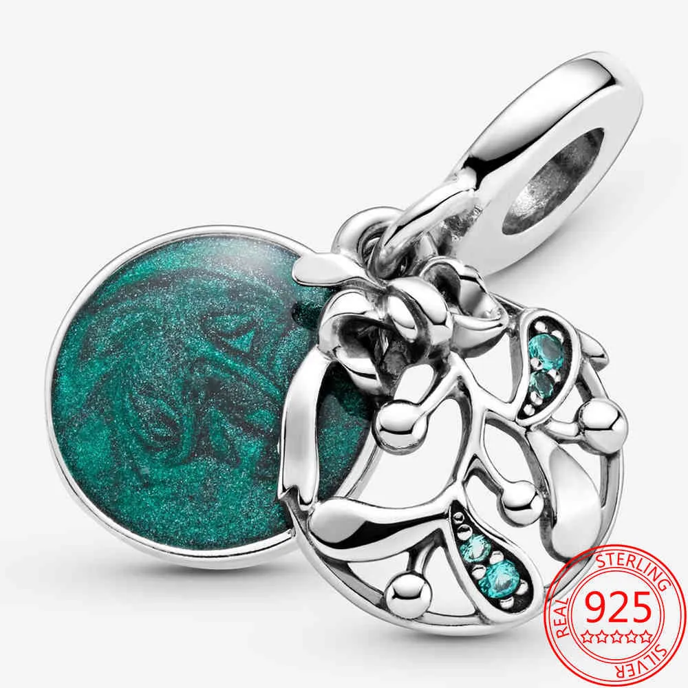 Autêntico 925 Sterling Silver Enamel Mistletoe Dangle Clear Charme Pandora Classic Bangle Presente de Natal