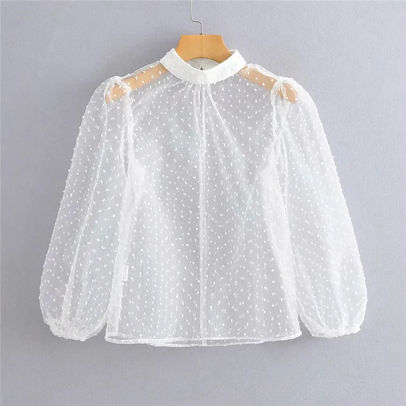 Women Floral Embroidery Mesh Sheer See-through Crop Top Shirts Blouse long Puff Sleeve Polka Dot Loose Slim Blusa Soft Outwear 210430