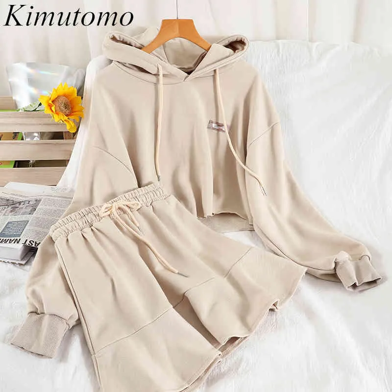 Kimutomo повседневные женские костюмы весенний корейский шик с капюшоном свободно короткие толстовки и эластичная высокая талия твердая юбка из двух частей 210521