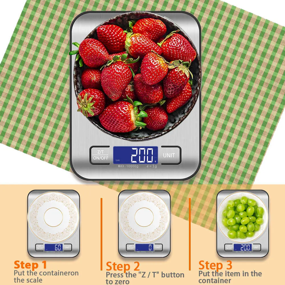 5kg 10kg escala de cozinha digital LCD Exibir comida de aço inoxidável para cozinhar assando a precisão eletrônica S 210728