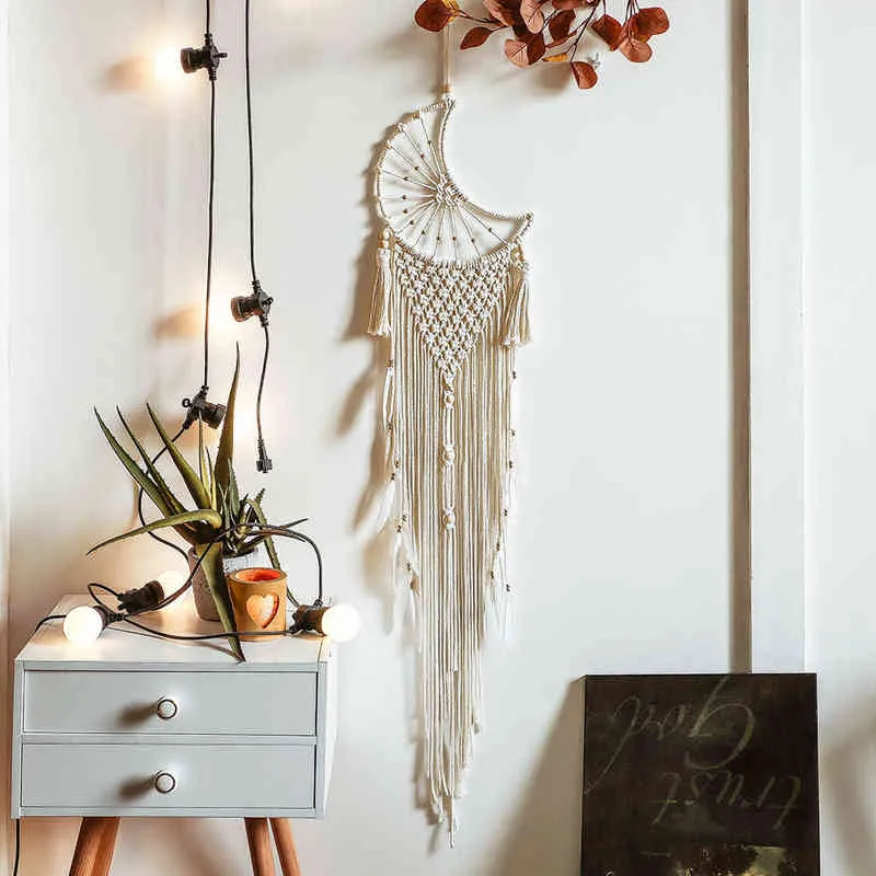 Boho Moon and Star Dream Catcher Macrame WALL WAKING BOHEMIAN HOME DEK DEK DOID DZIECI DZIECI PRZEWODNIK PRZEWODNIK ODDAWKI Dekoracja 249333301