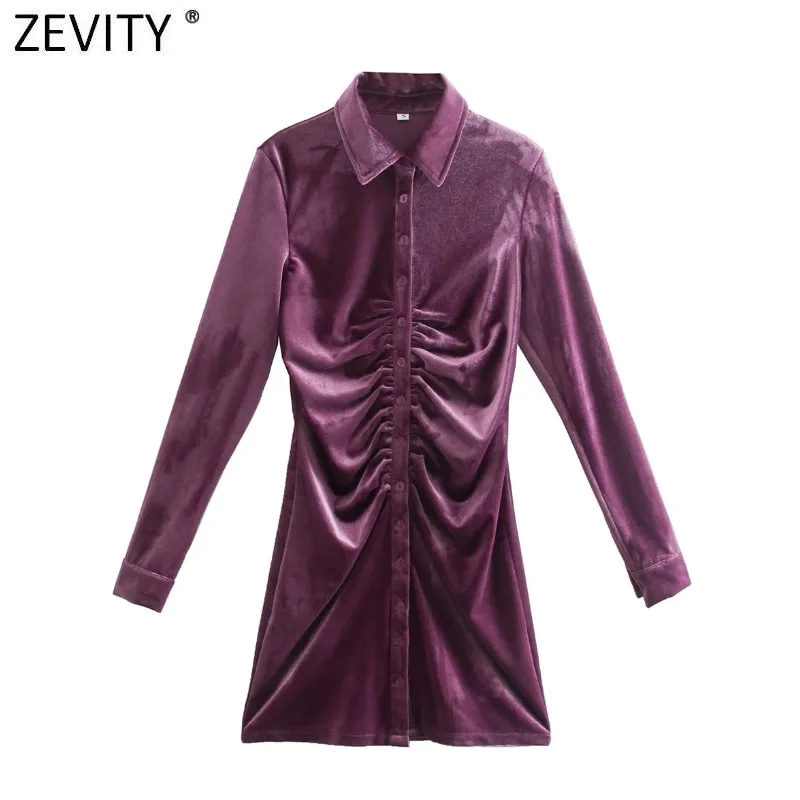 Zevity automne mode femmes Orange vert couleur plissée simple boutonnage mince chemise robe femme à manches longues velours Vestido 210325