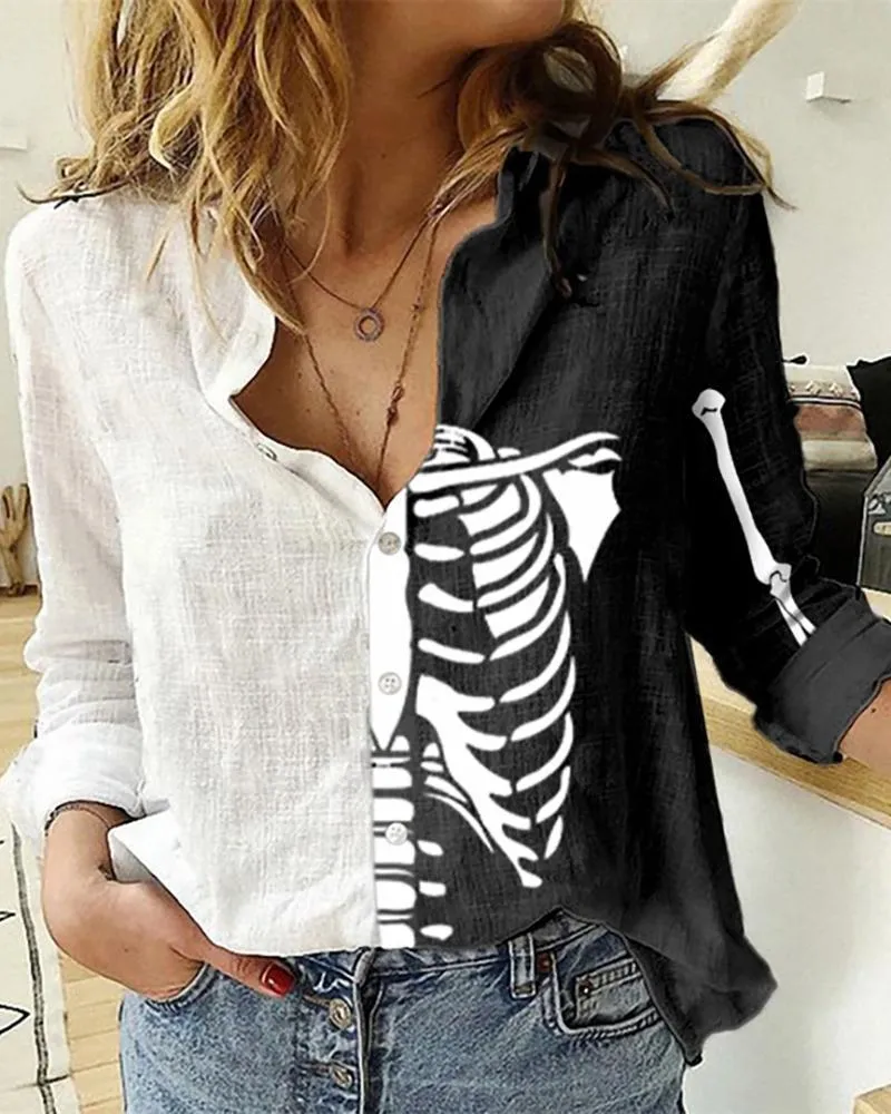 Mujeres Casual Otoño Turn-down Collar Abotonado Esqueleto Blusa Figura de Halloween Imprimir Colorblock Camisa 210317