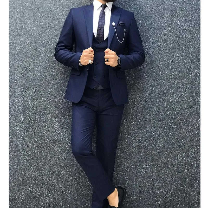 Slim Fit Formal Män Passar Med Dubbel Breasted Waistcoat Navy Blå Man Mode Jacka Byxor Bröllop Tuxedo för Groom X0909