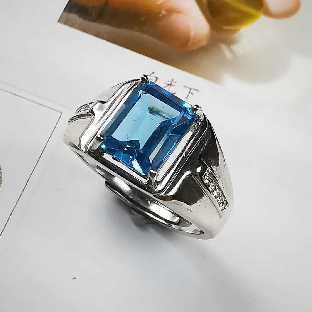 Moda quadrado azul cristal topázio gemstones diamantes dos homens anéis dedo branco ouro cor de prata jóias cool acessórios presentes