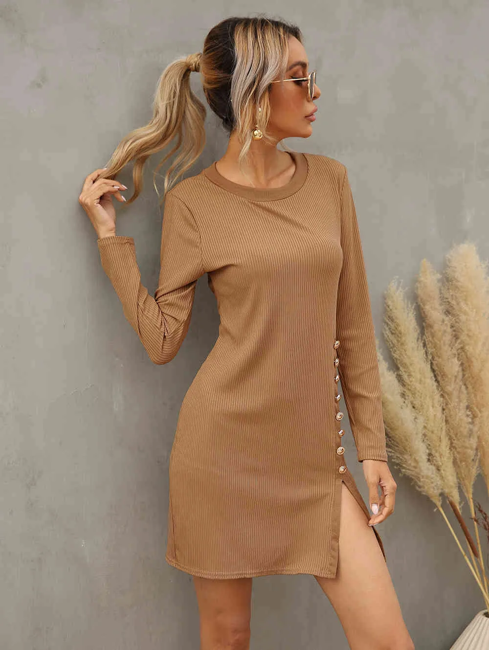 Dames lange mouw jurk lente herfst o hals knop splitsen sexy slanke mini jurk 2021 mode nieuwe partij effen kleur casual jurk x0521