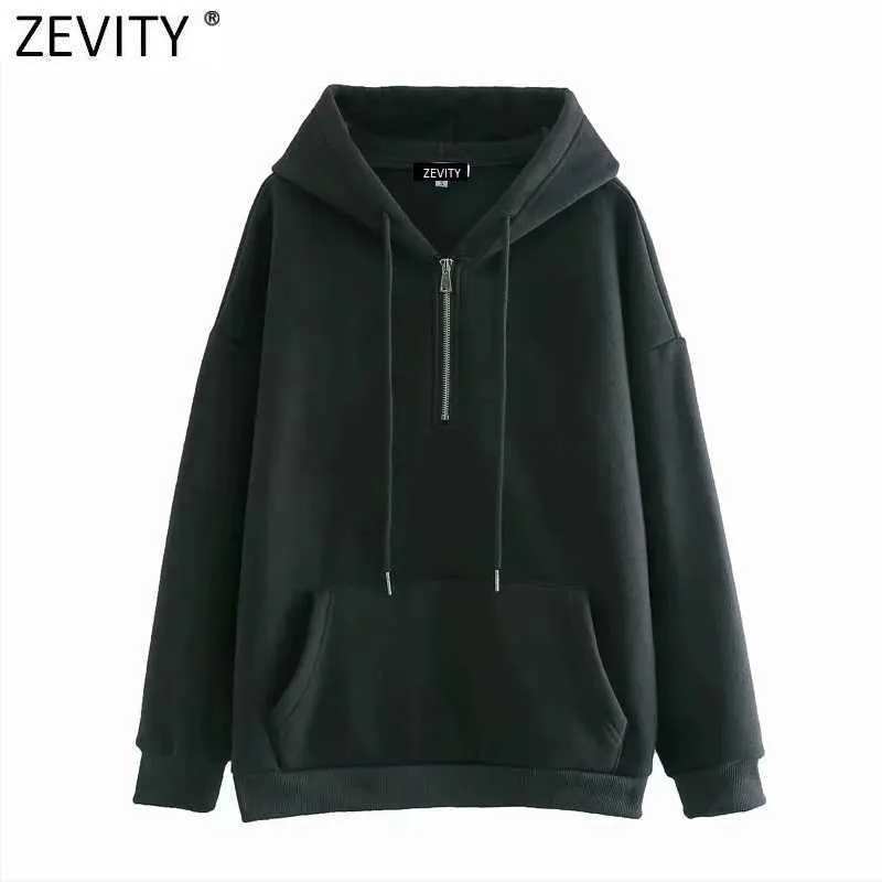 Zevity Women Fashion Zipper Decoration Casual Loose Fleece Sweatshirts Female Basic Pockets Hoodies Chic Pullovers Tops H522 210603