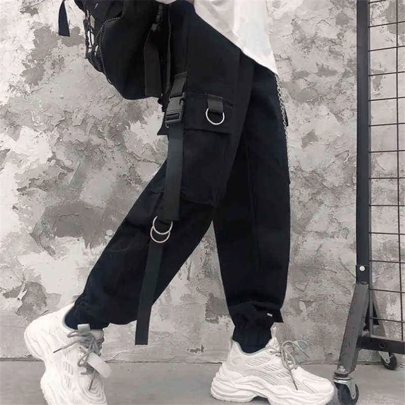 조깅자화물 바지 남성 캐주얼 힙합 포켓 남성 바지 스웨터 스트리트웨어 리본 테크 팬츠 G220224