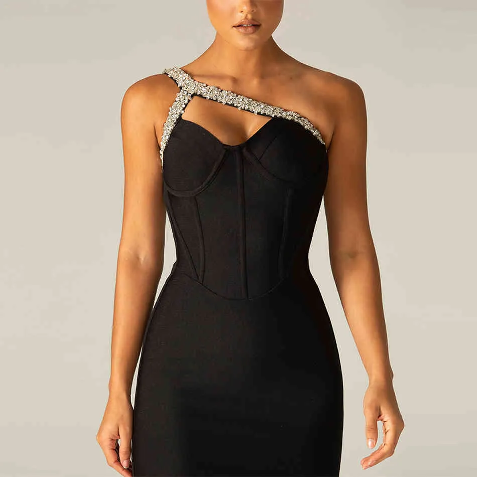 Femmes d'été une épaule noir cristal club robe de bandage sexy sans manches mini célébrité piste fête dame 210423