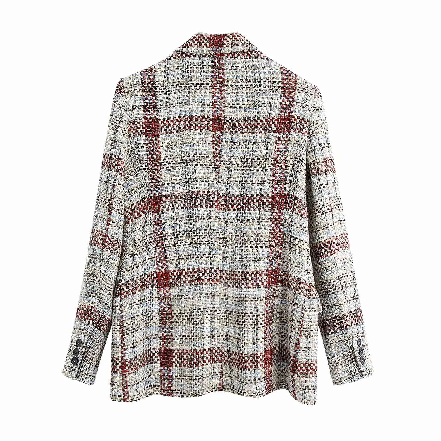 Vinatge Kvinna Plaid Patchwork Textured Blazer Coat Spring Fashion Ladies Slim Tweed Ytterkläder Kvinna Eleganta Jackor 210515