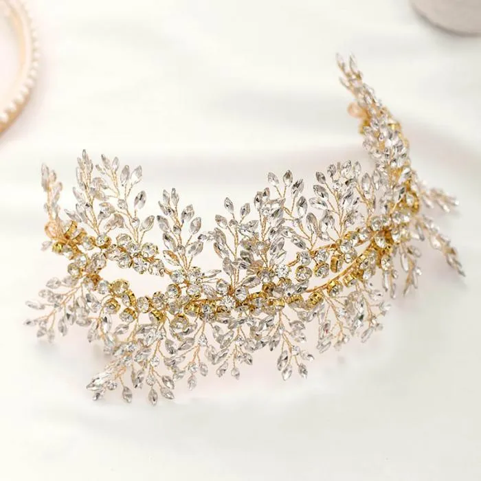 FORSEVEN Gioielli da donna Copricapo fatto a mano Strass Colore oro Foglia Fascia capelli Diademi da sposa Accessori capelli da sposa JL