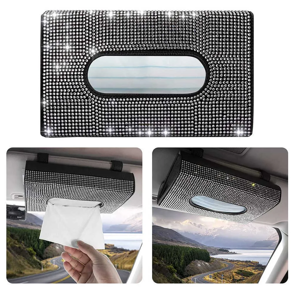 Nueva caja de pañuelos para coche, visera para el sol, caja de pañuelos para respaldo de asiento, blanco, negro, rojo, rosa, accesorios para coche con tachuelas de diamantes, caja de pañuelos ostentosa 5405877