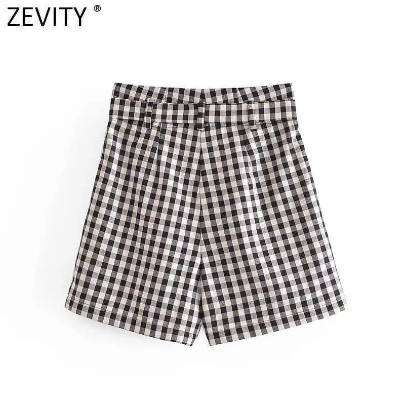 Zevity Women Vintage Plaid Drukuj Letni Papier Torba Spódnice Spodenki Kobiet Chic Łok Kręty Sashes Pantalone Cortos P1132 210603