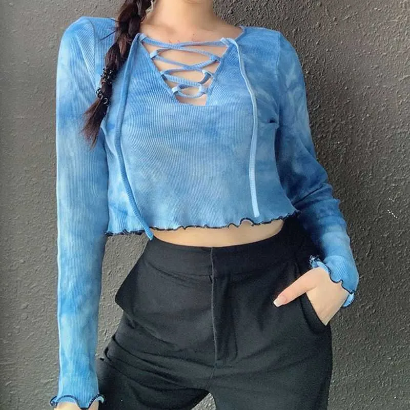 Autumn Fashion Tie Dye Printed Crop Top Sexy V-neck Cross Lace Up Hollow Navel Exposed T-Shirt Women Curl Edge Rib knit Tee 210526