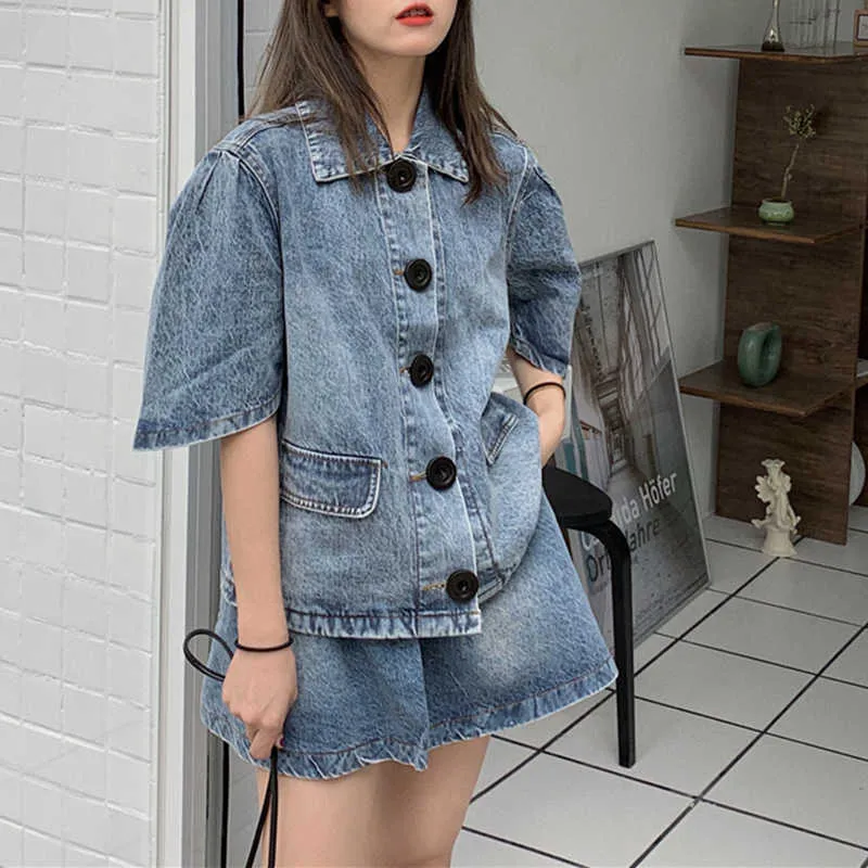 Talvez u High Street Mulheres Casuais Azul Duas Peças Definir Denim Sweet Slow Slow Camisa Top Cute Mini Saia T3034 210529