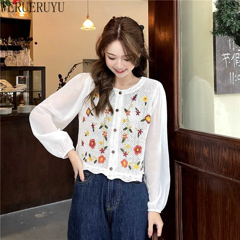 WERUERUYU Korean Style Hollow out O-neck Short Knitted Sweaters Women Thin Cardigan Fashion Sleeve Sun Protection Crop Top 210608