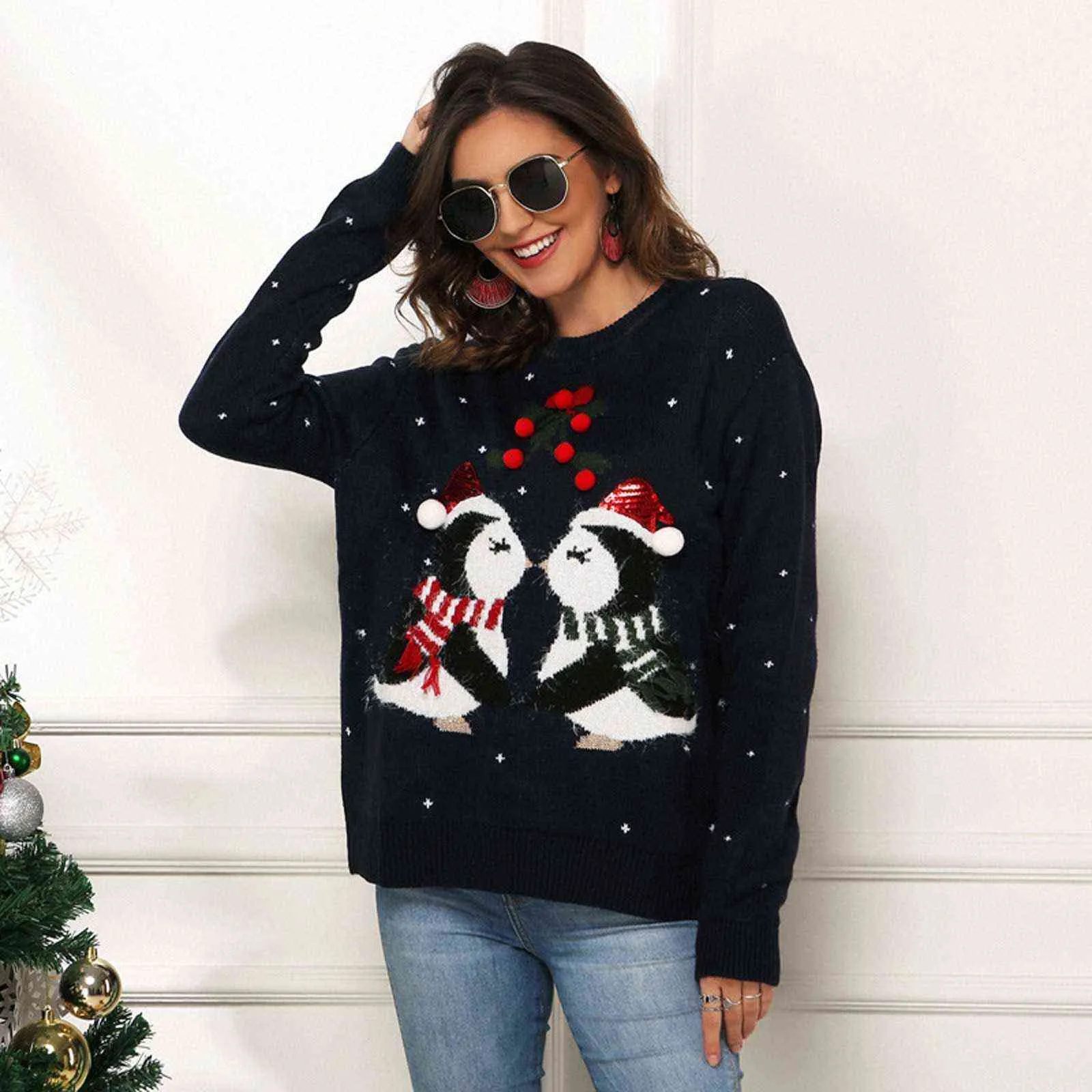 Maglione da donna Natale carino piccolo pinguino modello maglione con frange palla maglione peloso autunno inverno moda pullover lavorato a maglia Y1110
