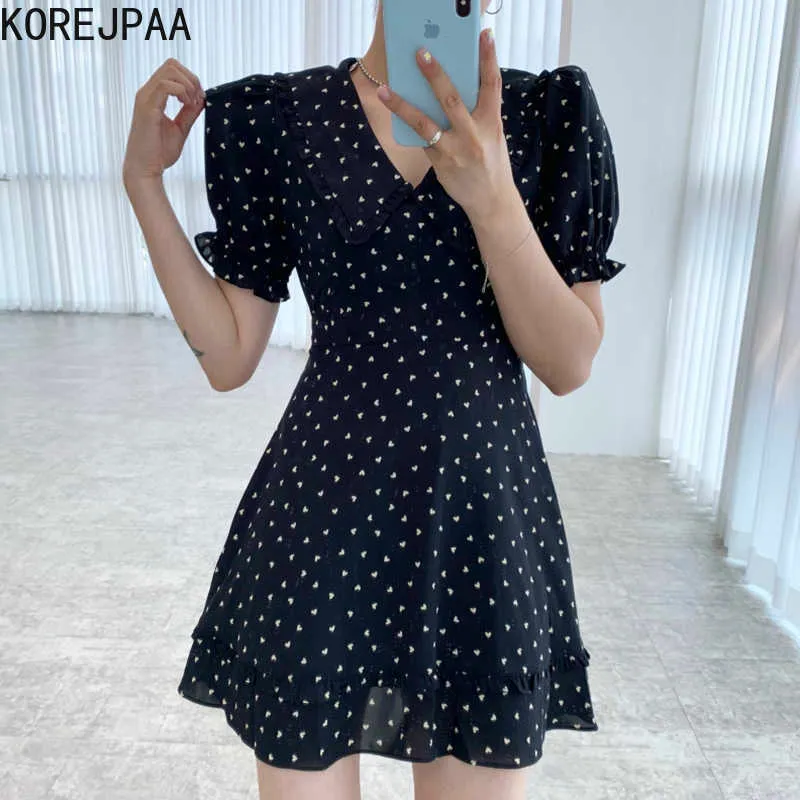 Korejpaa Women Mini Dress Korean Fashion Chic Retro Love Printed Doll Collar Ruffle Slim High Waist Bubble Sleeve Vestido 210526
