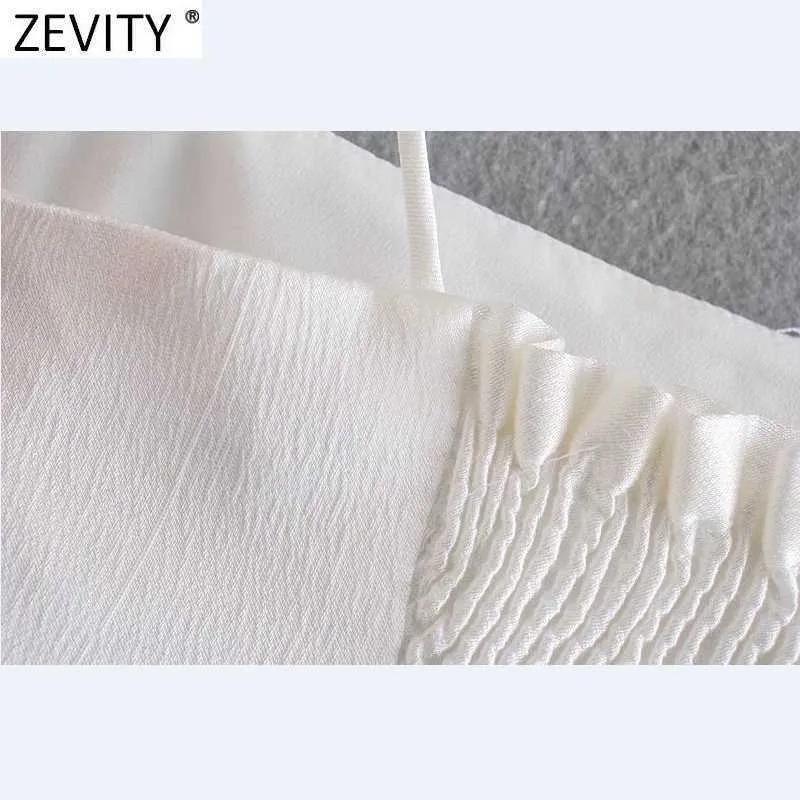 Zevity Women Spaghetti Strap Black White Color Chic Camis Tank Ladies Summer Back Elastic Pleated Short Sling Crop Tops LS9070 210603