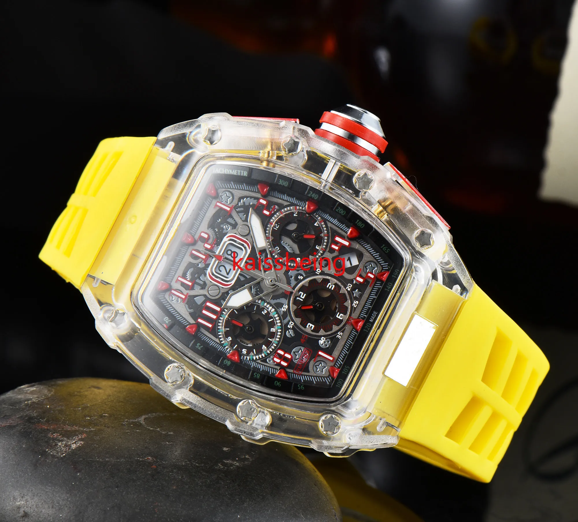 Male Watch Men leisure Quartz Watches Transparent Dial Color Rubber Strap Small Pointer Working Watch214n