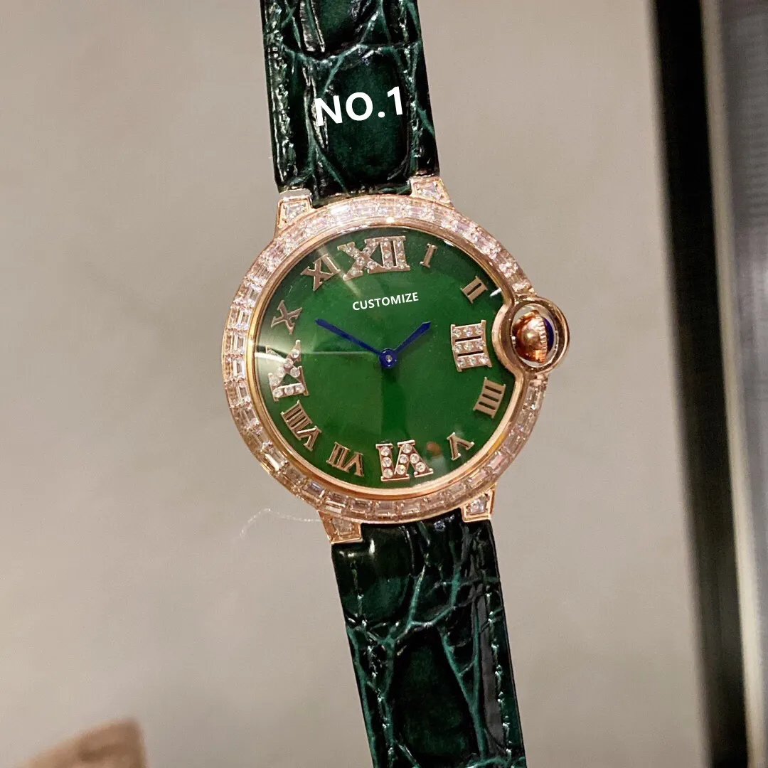 Berühmte Damen-Quarzuhr, Edelstahl, grünes römisches Ziffernblatt, Damen-Doppelkristall-Eisdiamanten-Uhr, echtes Leder, 36 mm